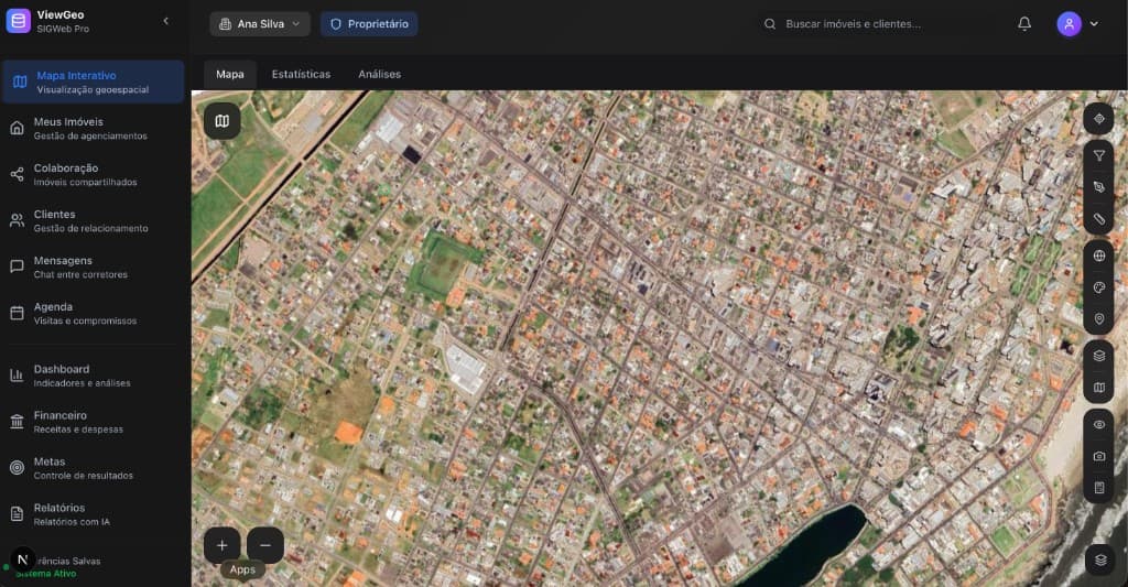 ViewGeo SIGWeb Pro — mapa interativo com satélite e painel